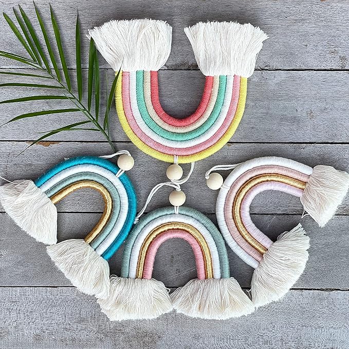 Mila Millie Macrame Wall Hanging | Handmade Woven Tassel Ornament for Home or Nursery Baby Kids Room Decor | Boho Nordic Scandinavian Style (Pink Gold)