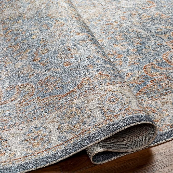 Mark&Day Washable Rugs, 3x8 Elsmore Traditional Dark Blue Runner Area Rug, Blue Ivory Orange Carpet for Hallway, Kitchen, Bedroom or Living Room (2'7" x 7'3" Runner, Machine Washable)