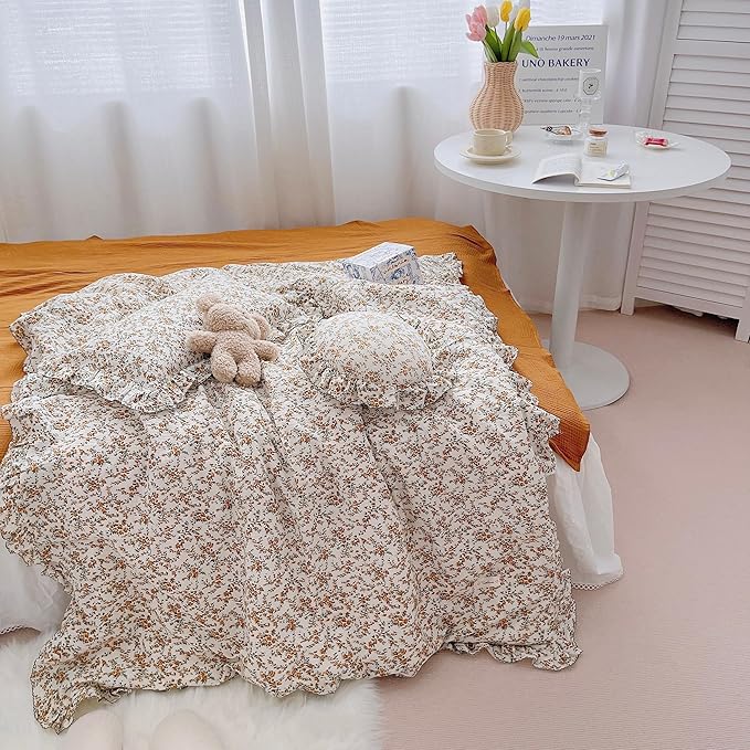 AOJIM Baby Muslin Duvet Cover with Floral Patterns, 1pc Pure Cotton Kids Bedding Comforter Cover 2-Layer Gauze 47X59'', Ruffled Design Baby Duvet Protector for Girls Boys, No Quilt or Pillowcases