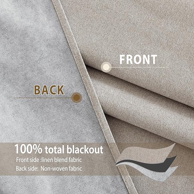 NICETOWN Natural Linen 100% Blackout Curtains 90 inches for Bedroom, Farmhouse Style Keep Warm Faux Linen Blackout Curtains with Thermal Insulated Liners for Dining Room, 2 Panels, 52" W, Drapes