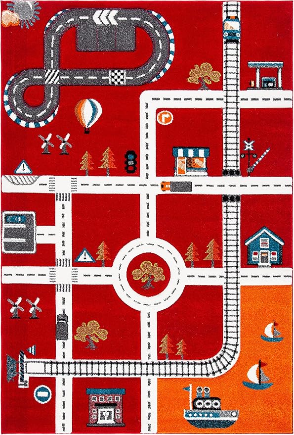 SAFAVIEH Carousel Kids Collection Accent Rug - 4' x 6', Red & Ivory, Neighborhood Design, Non-Shedding & Easy Care, Ideal for High Traffic Areas for Boys & Girls in Playroom, Bedroom (CRK192Q)