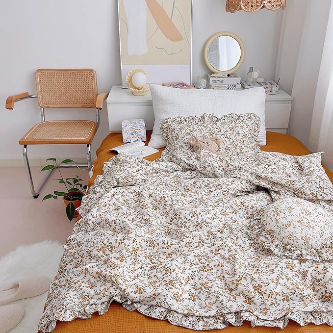 AOJIM Baby Muslin Duvet Cover with Floral Patterns, 1pc Pure Cotton Kids Bedding Comforter Cover 2-Layer Gauze 47X59'', Ruffled Design Baby Duvet Protector for Girls Boys, No Quilt or Pillowcases