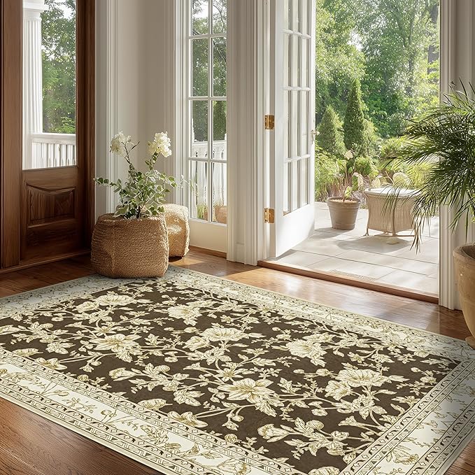 Brown Floral Print Area Rugs for Bedroom Living Room Boho Farmhouse Country Rustic Dining Room Carpet Soft Washable Rugs Non Slip Floor Covering for Nursery Playroom 3x5