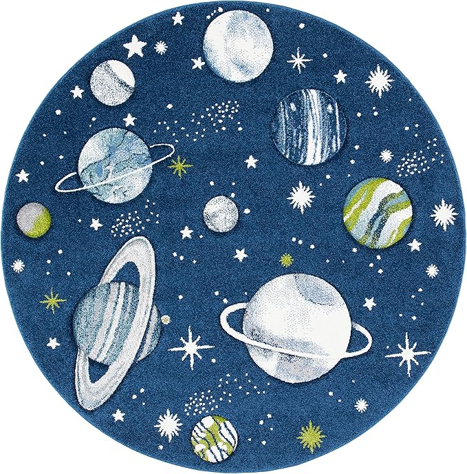 SAFAVIEH Carousel Kids Collection Area Rug - 5'3" Round, Navy & Ivory, Non-Shedding & Easy Care, Ideal for High Traffic Areas for Boys & Girls in Playroom, Nursery, Bedroom (CRK103N)