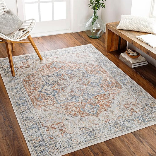 Mark&Day Washable Rugs, 7ft Round Hollenberg Traditional Burnt Orange Area Rug, Orange Blue Beige Carpet for Living Room, Bedroom or Kitchen (6'7" Round, Machine Washable)