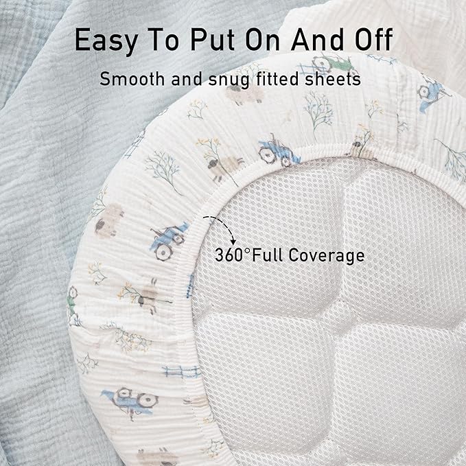 Gllquen Baby Muslin Bassinet Sheets 3 Pack, Breathable Elastic Cozy Fitted Cotton Bassinet Mattress Sheet for Baby Boy Girls, Fit for Hourglass Oval Rectangular Cradle Pad Sheets 33"x17" (Car)