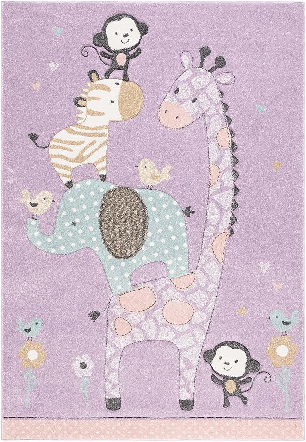 SAFAVIEH Carousel Kids Collection Area Rug - 5'3" Square, Purple, Animal Design, Ideal for High Traffic Area for Boys & Girls in Playroom, Nursery, Bedroom (CRK120V-5SQ)