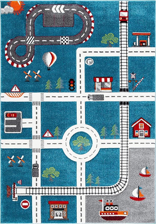 SAFAVIEH Carousel Kids Collection Area Rug - 6'7" x 9', Turquoise & Ivory, Non-Shedding & Easy Care, Ideal for High Traffic Areas for Boys & Girls in Playroom, Nursery, Bedroom (CRK192K)