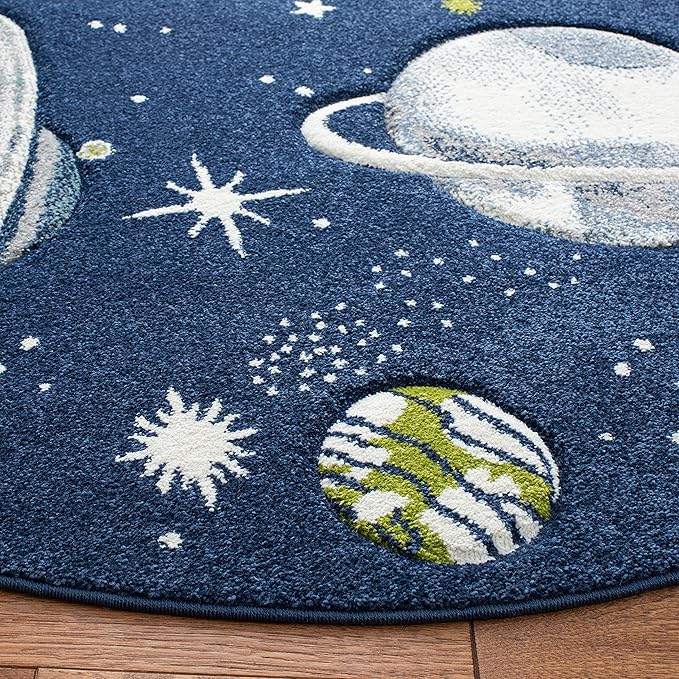 SAFAVIEH Carousel Kids Collection Area Rug - 5'3" Round, Navy & Ivory, Non-Shedding & Easy Care, Ideal for High Traffic Areas for Boys & Girls in Playroom, Nursery, Bedroom (CRK103N)