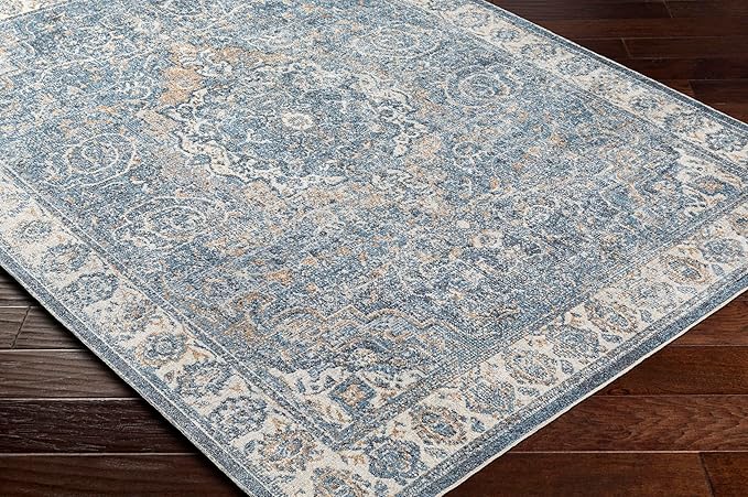 Mark&Day Washable Rugs, 5x7 Elsmore Traditional Navy Blue Area Rug, Blue Ivory Orange Carpet for Living Room, Bedroom or Kitchen (5'3" x 7', Machine Washable)