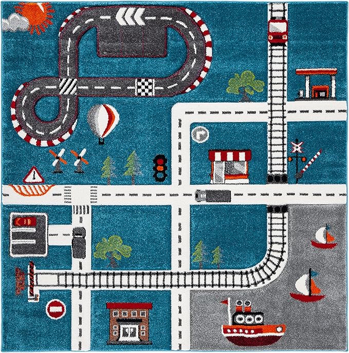 SAFAVIEH Carousel Kids Collection Area Rug - 5'3" Square, Turquoise & Ivory, Non-Shedding & Easy Care, Ideal for High Traffic Areas for Boys & Girls in Playroom, Nursery, Bedroom (CRK192K)