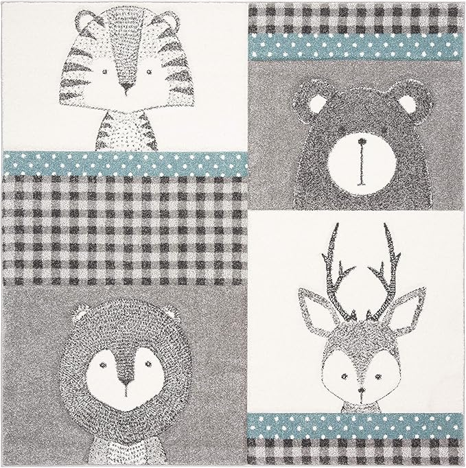 SAFAVIEH Carousel Kids Collection Area Rug - 8' Square, Grey & Ivory, Animal Design, Non-Shedding & Easy Care, Ideal for High Traffic Areas for Boys & Girls in Playroom, Nursery, Bedroom (CRK188B)