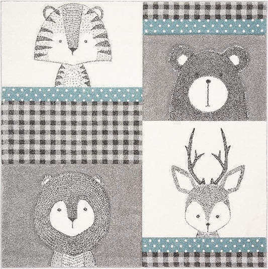 SAFAVIEH Carousel Kids Collection Area Rug - 8' Square, Grey & Ivory, Animal Design, Non-Shedding & Easy Care, Ideal for High Traffic Areas for Boys & Girls in Playroom, Nursery, Bedroom (CRK188B)