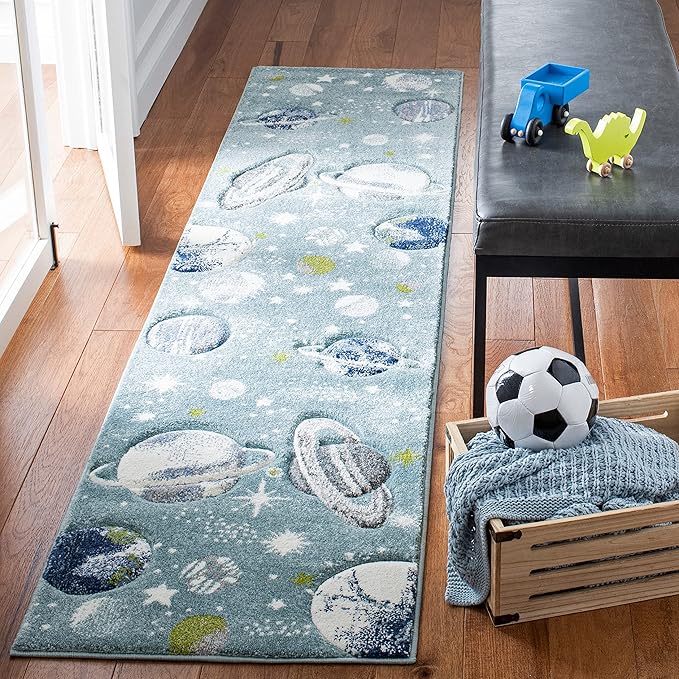 SAFAVIEH Carousel Kids Collection Runner Rug - 2'3" x 6', Teal & Ivory, Non-Shedding & Easy Care, Ideal for High Traffic Areas for Boys & Girls in Playroom, Nursery, Bedroom (CRK103J)