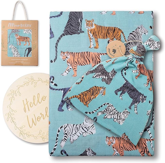 Miaoberry 100% Organic Cotton Baby Muslin Swaddle Blanket Set|Tiger in Teal| Gender Neutral for Boys Girls| Hospital Home Coming Receiving Blanket |Newborn Unisex