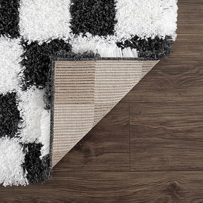 Hauteloom Atira Contemporary Checkered Fluffy Shag Area Rug - Modern Geometric Carpet Tiles for Living Room, Kids Room, Nursery - Plush Pile - Black, White - 7'10" x 10'3"
