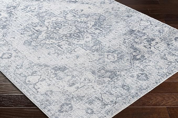 Mark&Day Washable Rugs, 7ft Round Moya Traditional Navy Blue Area Rug, Blue Beige Grey Carpet for Living Room, Bedroom or Kitchen (6'7" Round, Machine Washable)