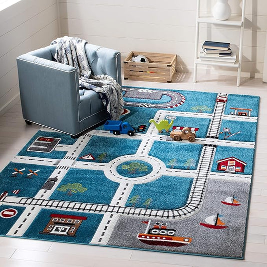 SAFAVIEH Carousel Kids Collection Area Rug - 5'3" Square, Turquoise & Ivory, Non-Shedding & Easy Care, Ideal for High Traffic Areas for Boys & Girls in Playroom, Nursery, Bedroom (CRK192K)