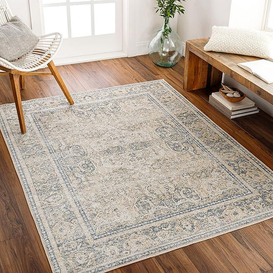 Mark&Day Washable Rugs, 9x12 East Traditional Light Gold Area Rug, Gold Blue Beige Carpet for Living Room, Bedroom or Kitchen (9'2" x 12', Machine Washable)