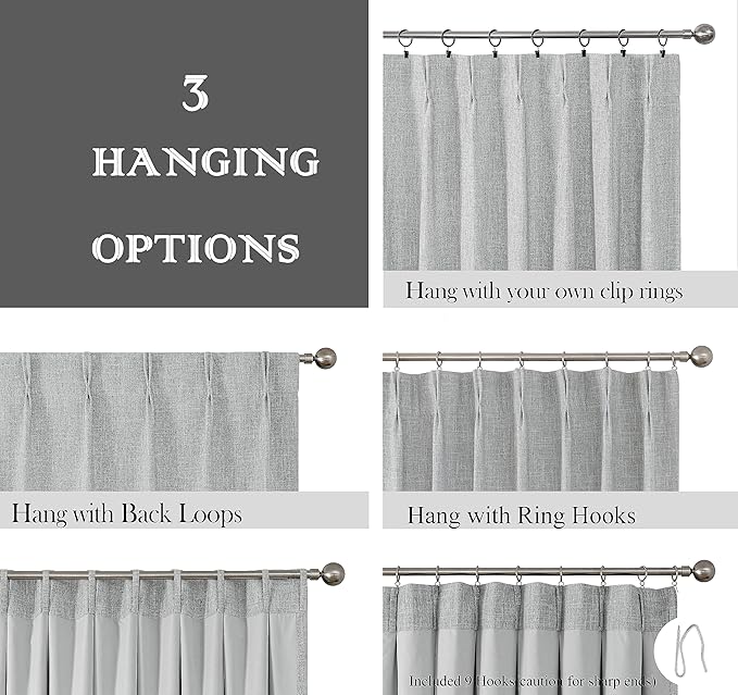 Gray Pinch Pleated Blackout Curtains Linen Texture Noise Reduction Window Treatment Panel 84 Inch with Full Blackout Liner for Bedroom Thermal Insulated Back Tab Drapes with Hooks, 2 Panel, 40"Wx84"L