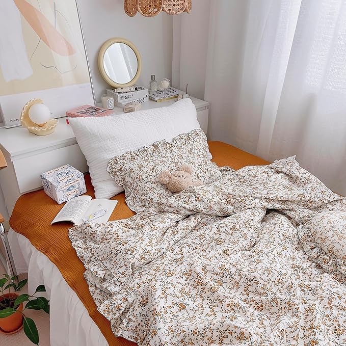 AOJIM Floral Print Kids Muslin Duvet Cover for Girls Boys, Yellow Cotton Baby Toddler Bedding 2 Layer Comforter Cover 59X79'', Ruffled Design Soft Crib Duvet Protector 1pc, No Quilt or Pillowcases