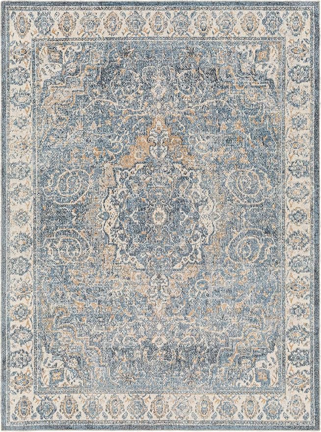 Mark&Day Washable Rugs, 7ft Round Elsmore Traditional Navy Blue Area Rug, Oatmeal Dark Blue Gray Carpet for Living Room, Bedroom or Kitchen (6'7" Round,Machine Washable)