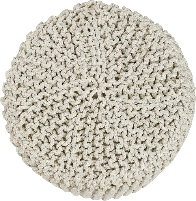 REDEARTH · Cylindrical Hand Knitted Pouf - Foot Stool Ottoman - Cord Boho Pouffe - Cotton Round Poof for Home Decor - Living Room - Nursery - Bedroom - Patio (16" x 16" x 16") - Ivory