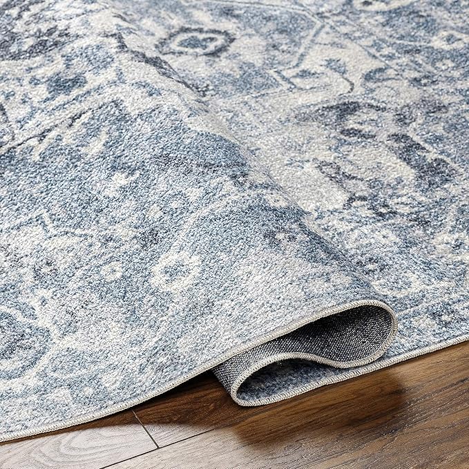 Mark&Day Washable Rugs, 7ft Round Moya Traditional Denim Blue Area Rug, Blue Ivory Black Carpet for Living Room, Bedroom or Kitchen (6'7" Round, Machine Washable)