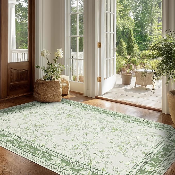 Green and Cream Area Rug 3x5 for Entryway Machine Washable Small Rug for Indoor Kitchen Bedroom Low Pile Vintage Peony Floral Print for Dining Living Room Non-Slip Sage Light Green Boho Decor