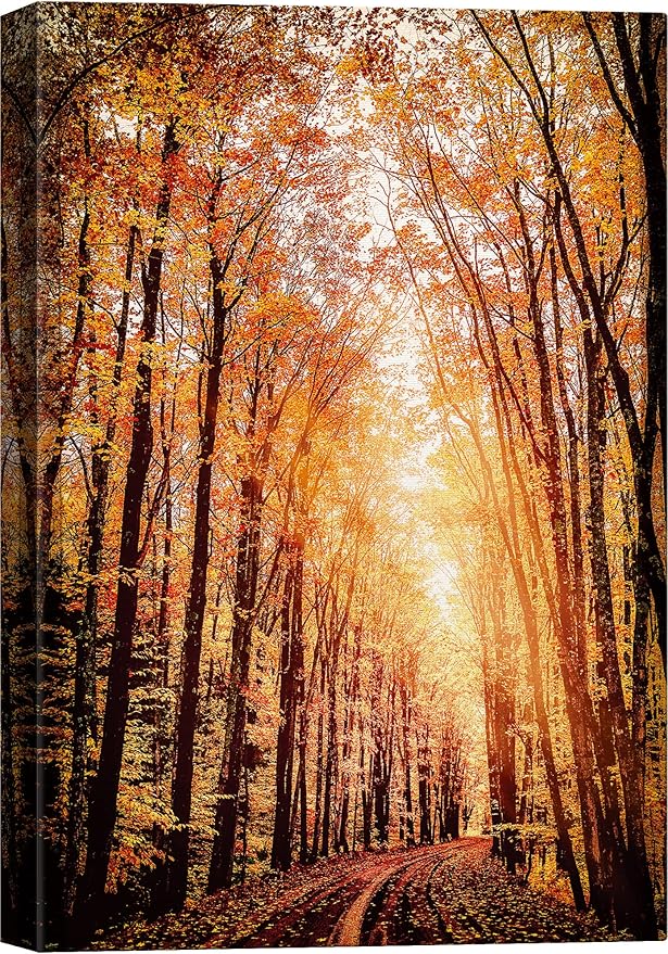SIGNWIN Canvas Print Wall Art Rustic Trail Red Autumn Forest Nature Wilderness Photography Modern Art Farmhouse/Country Landscape Colorful Multicolor Ultra for Living Room, Bedroom, Office - 32x48
