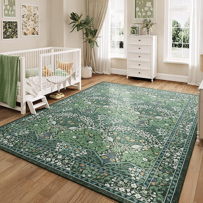 8x10 Washable Dark Green Floral Area Rug for Living Room, Non-Slip Soft Floral Print Vintage Boho Carpet, Forest Green Low Pile Rugs for Bedroom, Dining Room, Indoor Decor