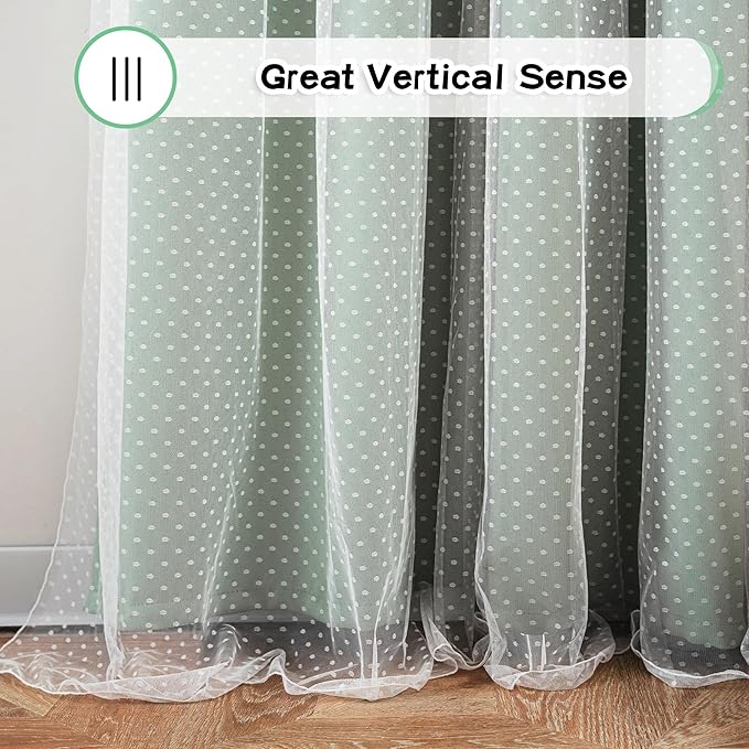 MYSKY HOME Curtains for Girls Bedroom & Nursery Kids Green Cute Curtains Double Layer with Polka Dots Sheer, Grommet Tops, 52x84 Inch Each Panel, 2 Panels