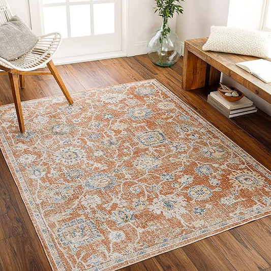 Mark&Day Washable Rugs, 5x7 Erlanger Traditional Burnt Orange Area Rug, Orange Blue Beige Carpet for Living Room, Bedroom or Kitchen (5'3" x 7', Machine Washable)