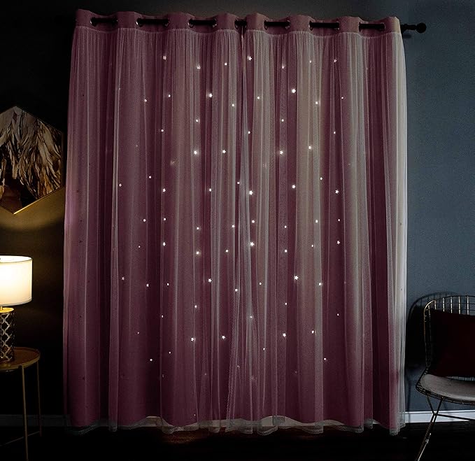 Kinryb Princess Curtains for Girls Bedroom with Sheer Overlay,Double Layer Curtain for Living Room with Star Cutout, Curtains for Kids Room (52 W*72 L Inches,2 Pcs Coral)