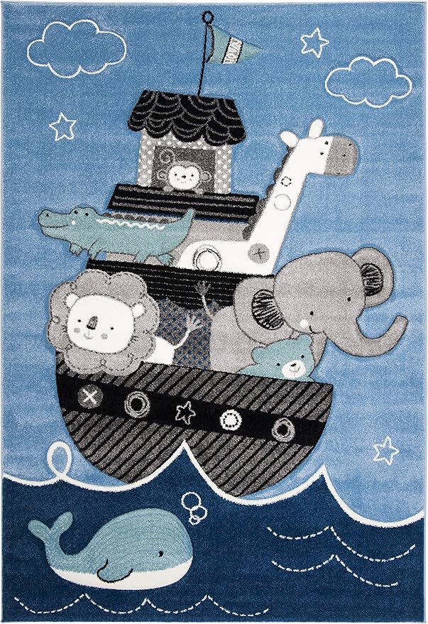 SAFAVIEH Carousel Kids Collection Area Rug - 9' x 12', Blue & Grey, Animal Design, Non-Shedding & Easy Care, Ideal for High Traffic Areas for Boys & Girls in Playroom, Nursery, Bedroom (CRK121B)