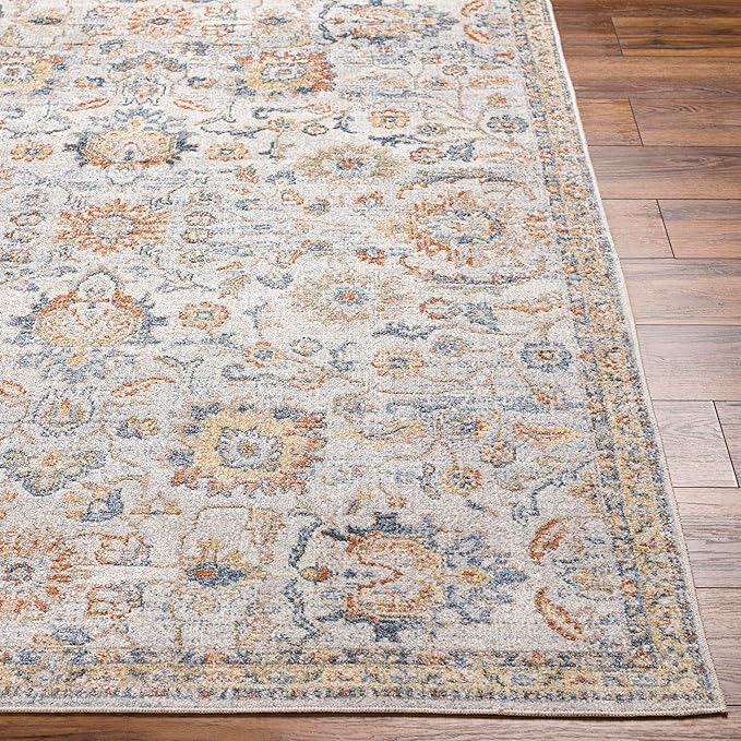 Mark&Day Washable Rugs, 7ft Round Eskridge Traditional Burnt Orange Area Rug, Gray Oatmeal Dark Blue Carpet for Living Room, Bedroom or Kitchen (6'7" Round,Machine Washable)