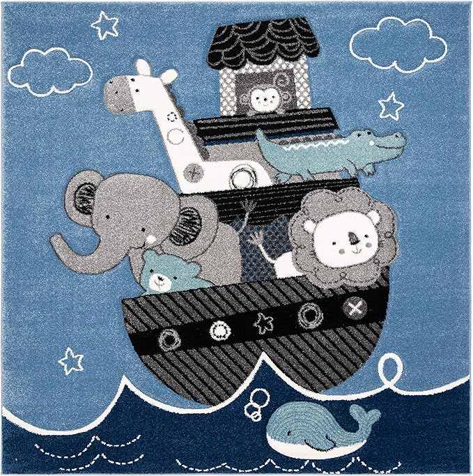 SAFAVIEH Carousel Kids Collection Area Rug - 4' Square, Blue & Grey, Animal Design, Non-Shedding & Easy Care, Ideal for High Traffic Areas for Boys & Girls in Playroom, Nursery, Bedroom (CRK121B)