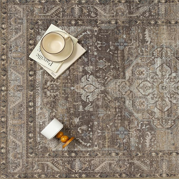 3x5 Brown Washable Vintage Area Rug for Living Room Bedroom Non Slip Distressed Traditional Soft Throw Rug Low Pile Lightweight Floral Carpet Entrance Laundry Room Kitchen