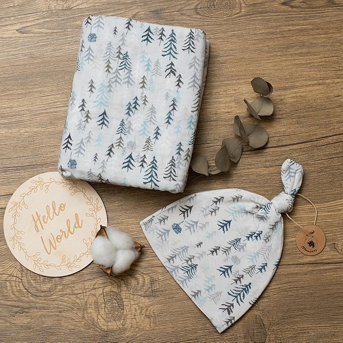 Miaoberry Forest Organic Muslin Swaddle Blankets for Baby Boy with Matching Hat and Wooden Hello World Newborn Sign | Newborn Photography Props | Birth Announcement Sign