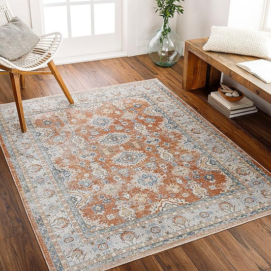 Mark&Day Washable Rugs, 5x7 Emporia Traditional Burnt Orange Area Rug, Orange Blue Beige Carpet for Living Room, Bedroom or Kitchen (5'3" x 7', Machine Washable)