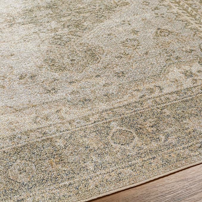 Mark&Day Washable Rugs, 7ft Round Edmond Traditional Camel Area Rug, Gray Olive Brown Carpet for Living Room, Bedroom or Kitchen (6'7" Round,Machine Washable)