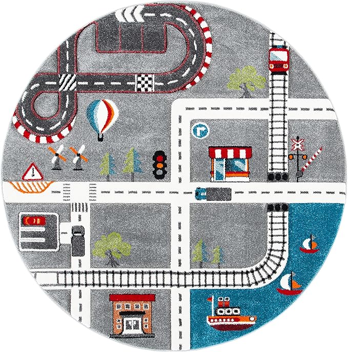 SAFAVIEH Carousel Kids Collection 4' Round Grey/Ivory CRK192F Neighborhood Road Non-Shedding Playroom Nursery Bedroom Area Rug