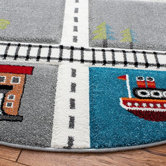 SAFAVIEH Carousel Kids Collection Area Rug - 8' Round, Grey/Ivory, Geometric Design, Ideal for High Traffic Areas in Living Room, Bedroom, Dining (CRK192F)