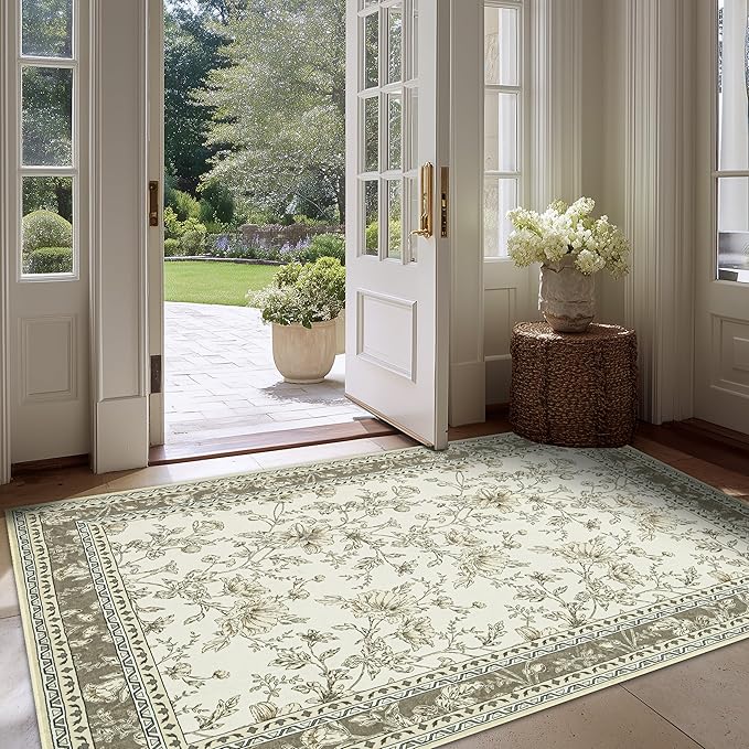 3x5 Beige Khaki Floral Area Rug for Entryway Soft Washable Modern Boho Farmhouse Rug Non-Slip Taupe Oatmeal Earth Tone Sketch Style Flower Vintage Aesthetic Carpet for Bedroom, Dining Room Door Mat