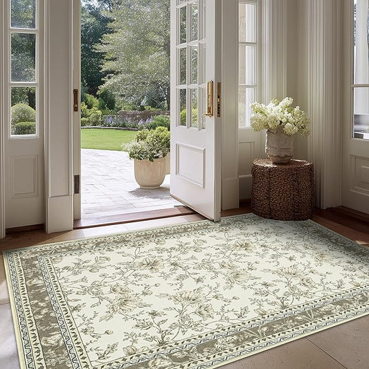 Beige Taupe Floral Area Rug for Entryway 2x3 Washable Small Rug Low Pile Non Slip Distressed Entry Mat Soft Farmhouse Indoor Entrance Door Mat for Kitchen Bedroom Greyish Beige Tan Floral Design