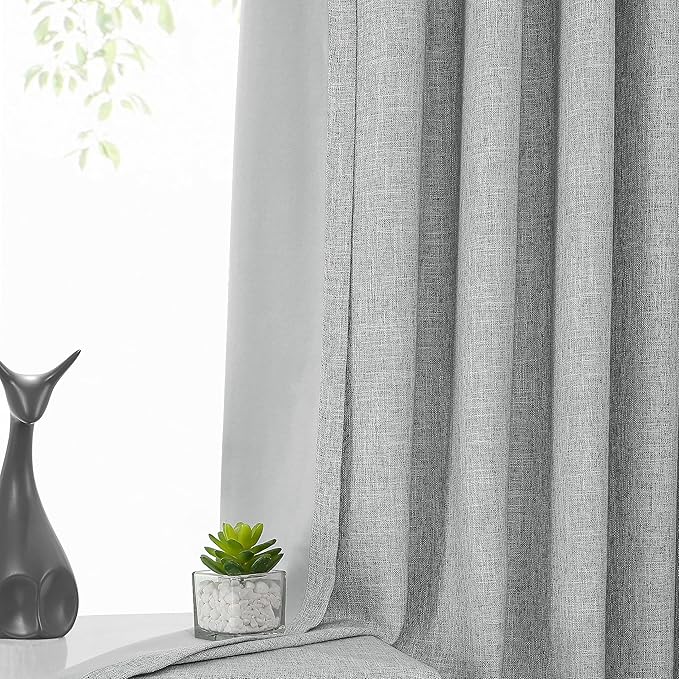 Grey Pinch Pleated Blackout Curtain Panel with Full Blackout Liner Linen Texture Thermal Insulated Window Treatment Set with Back Tab for Farmhouse Bedroom Energy Efficient Drape with Hooks, 40"x90"x2
