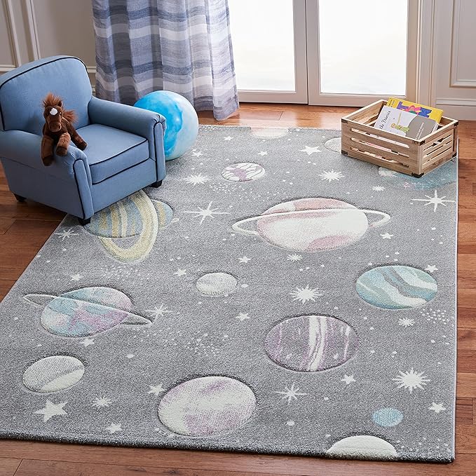 SAFAVIEH Carousel Kids Collection Area Rug - 5'3" Square, Grey & Lavender, Non-Shedding & Easy Care, Ideal for High Traffic Areas for Boys & Girls in Playroom, Nursery, Bedroom (CRK103F)