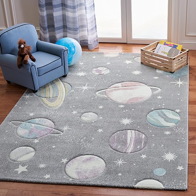 SAFAVIEH Carousel Kids Collection Area Rug - 6'7" Square, Grey & Lavender, Non-Shedding & Easy Care, Ideal for High Traffic Areas for Boys & Girls in Playroom, Nursery, Bedroom (CRK103F)