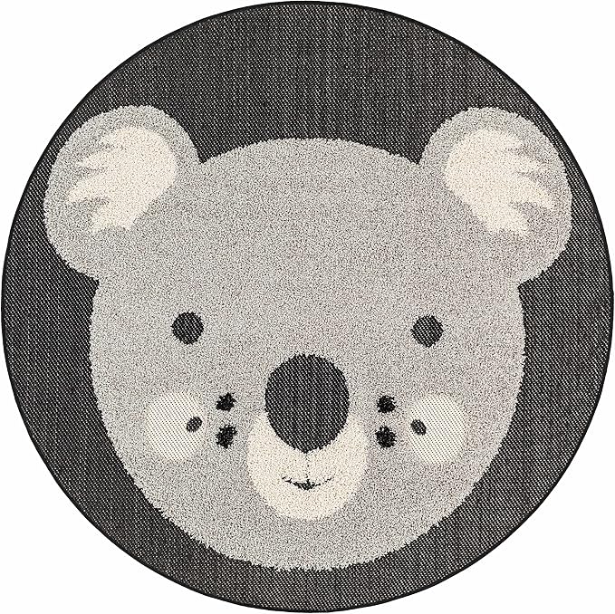 Hauteloom Kids Room, Nursery Round Area Rug - Outdoor Patio Safe - Animal Koala Playroom Carpet - Gray, Black, Cream - 5'3"