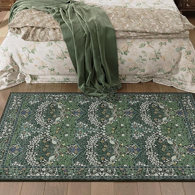 3x5 Washable Dark Green Floral Area Rug for Living Room, Non-Slip Soft Floral Print Vintage Boho Carpet, Forest Green Low Pile Rugs for Bedroom, Dining Room, Indoor Decor